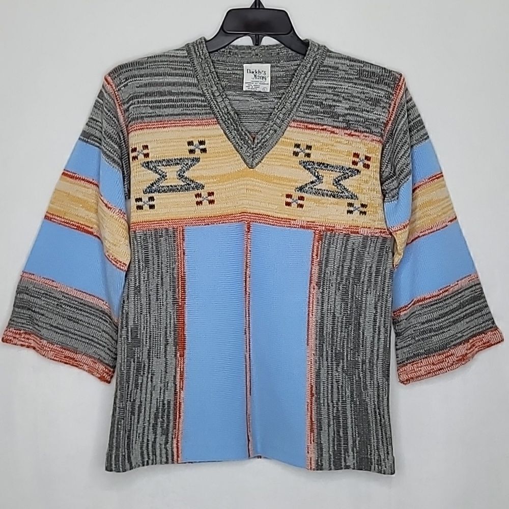 Daddy's Money 3/4 Wide Sleeve V Neck Aztec Print Vtg 70s‎ Sweater Size Large